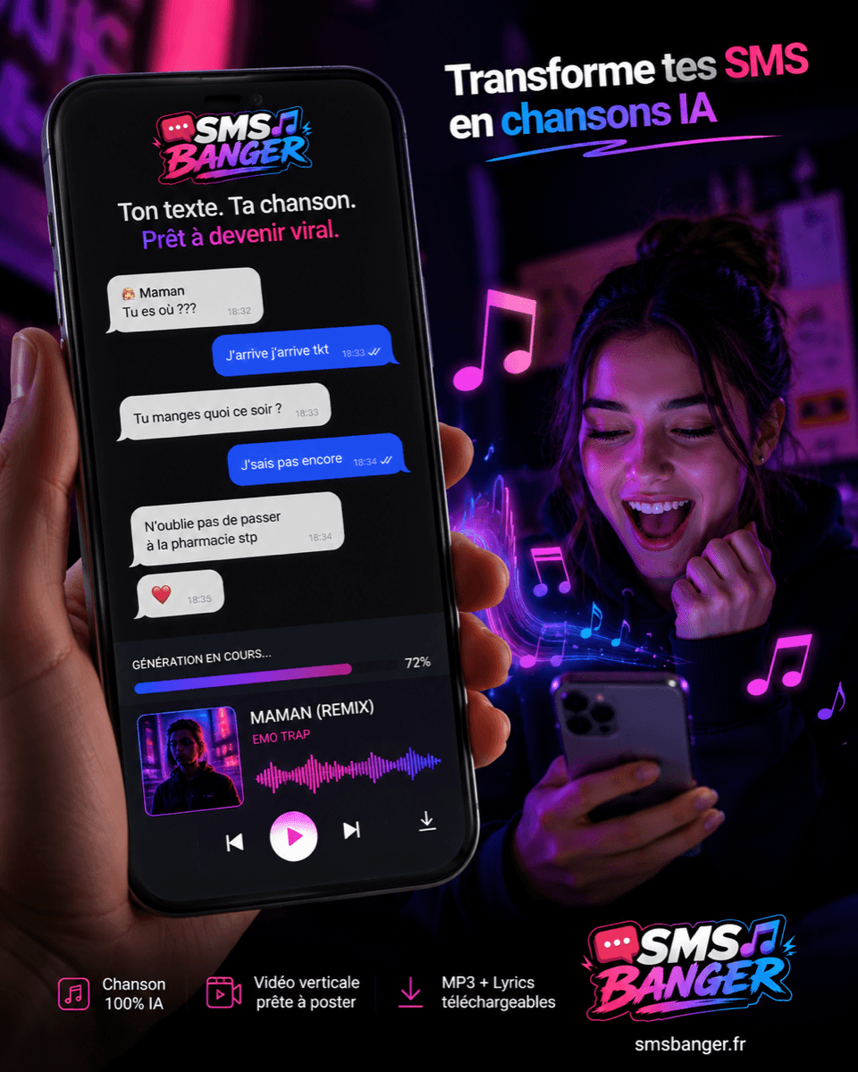 Aperçu SMS Banger : conversation transformée en chanson IA avec lecteur vidéo vertical